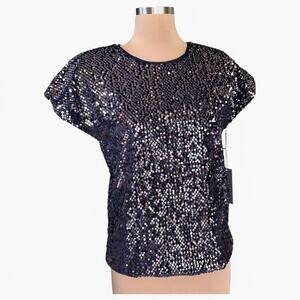 Jennifer Lopez JLO Sequin Top Navy Blue Small Short Sleeve Blouse Party Evening